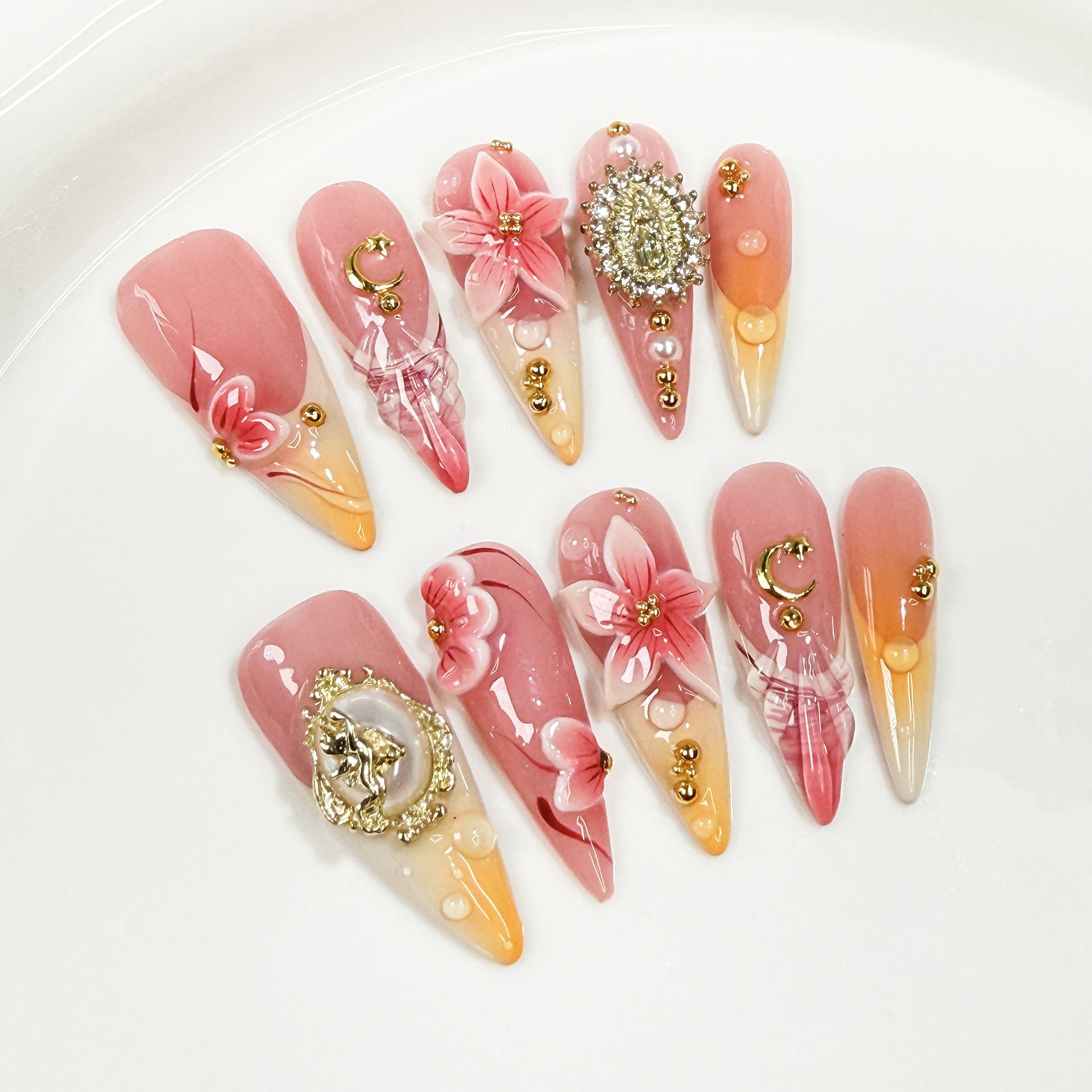 Embroidery Embellishments - 10Pcs Retro Flower Design False Nails