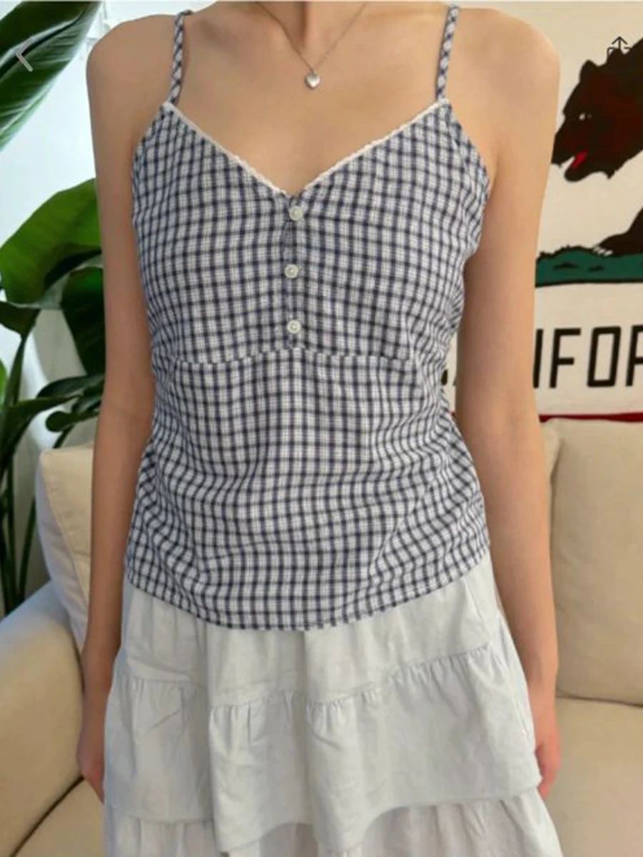 Navy Plaid Tank Shorts 2 Piece - Elastic Lace Trim recension och pris