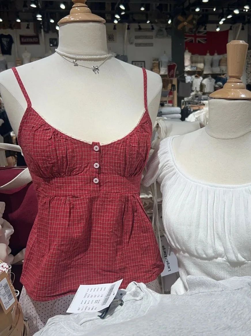 Red Plaid Buttons Tank Shorts  - Elastic Lace Trim recension och pris