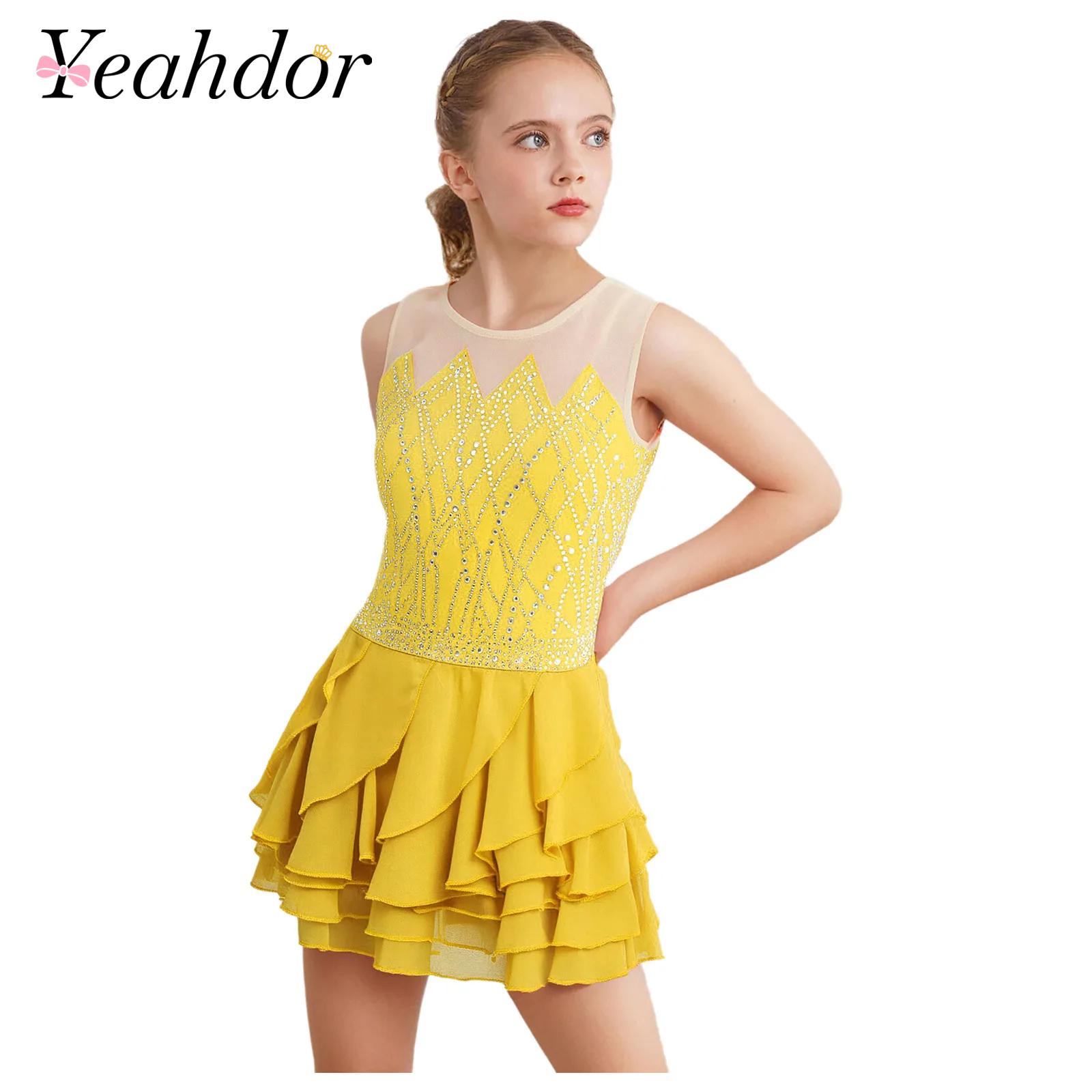 Girls Mesh Figure Skating Dres - Rhinestone Banding Trim recension och pris